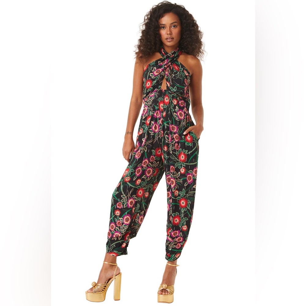 NWOT MISA Los Angeles Kora Black Anemone Floral Halter Keyhole Jumpsuit XS